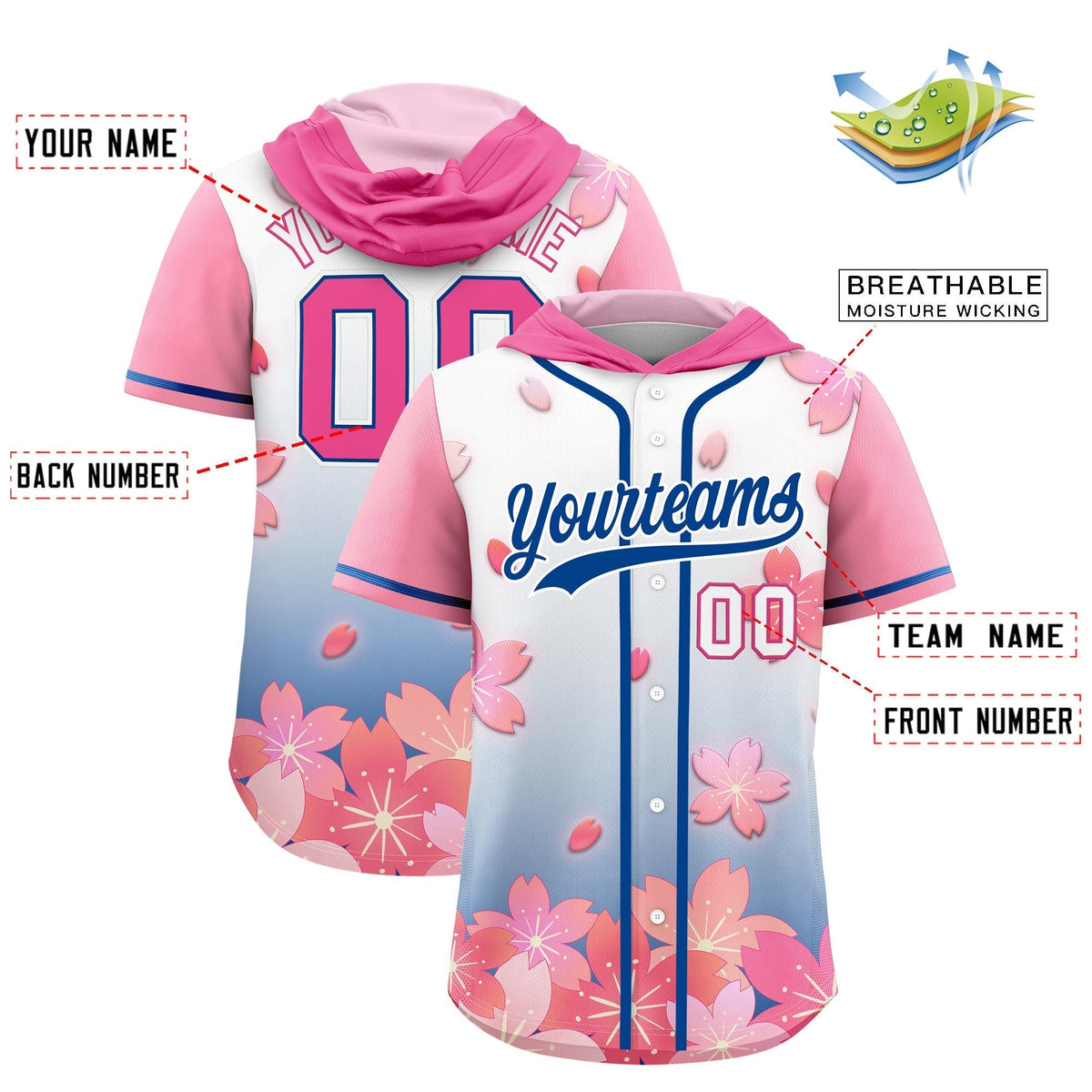 Custom Hooded Baseball Jersey | Pink Midnight Blue Cherry Blossom Breathable Athleisure Streetwear