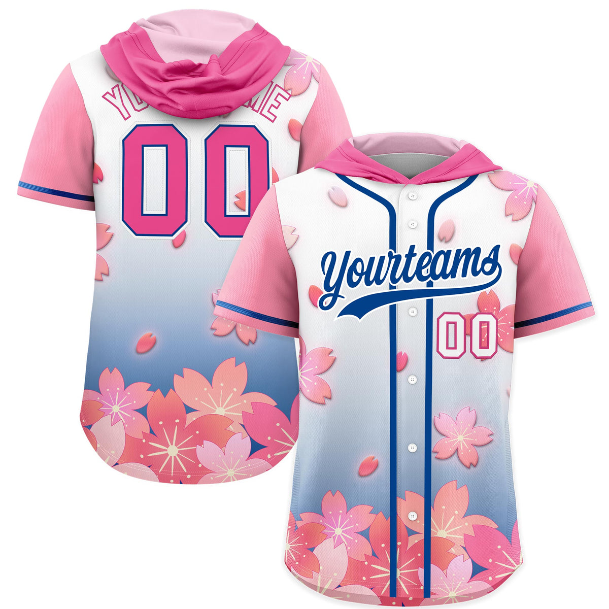 Custom Hooded Baseball Jersey | Pink Midnight Blue Cherry Blossom Breathable Athleisure Streetwear