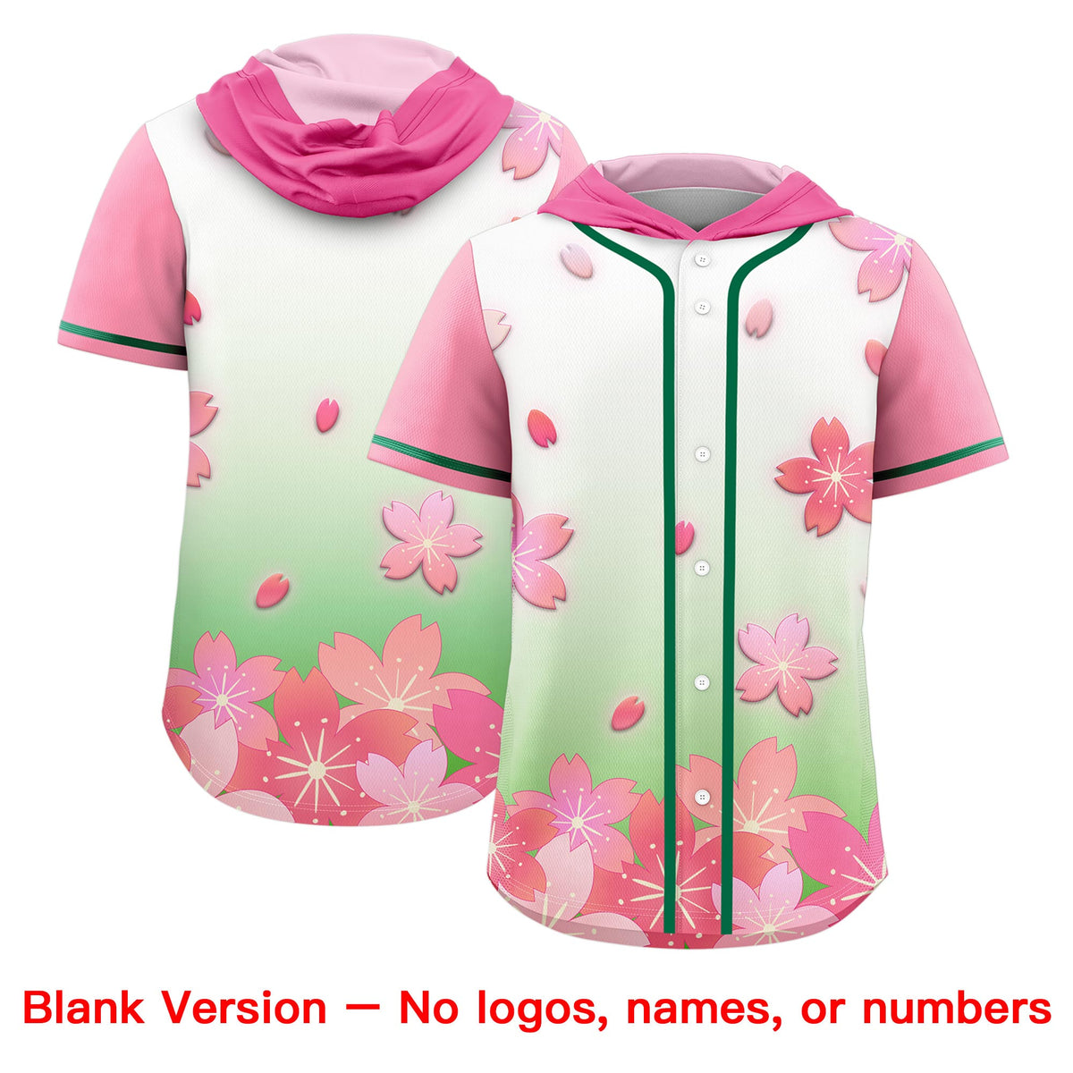Custom Hooded Baseball Jersey | Pink Light Green Cherry Blossom Personalized Name &amp; Number Sport Jersey