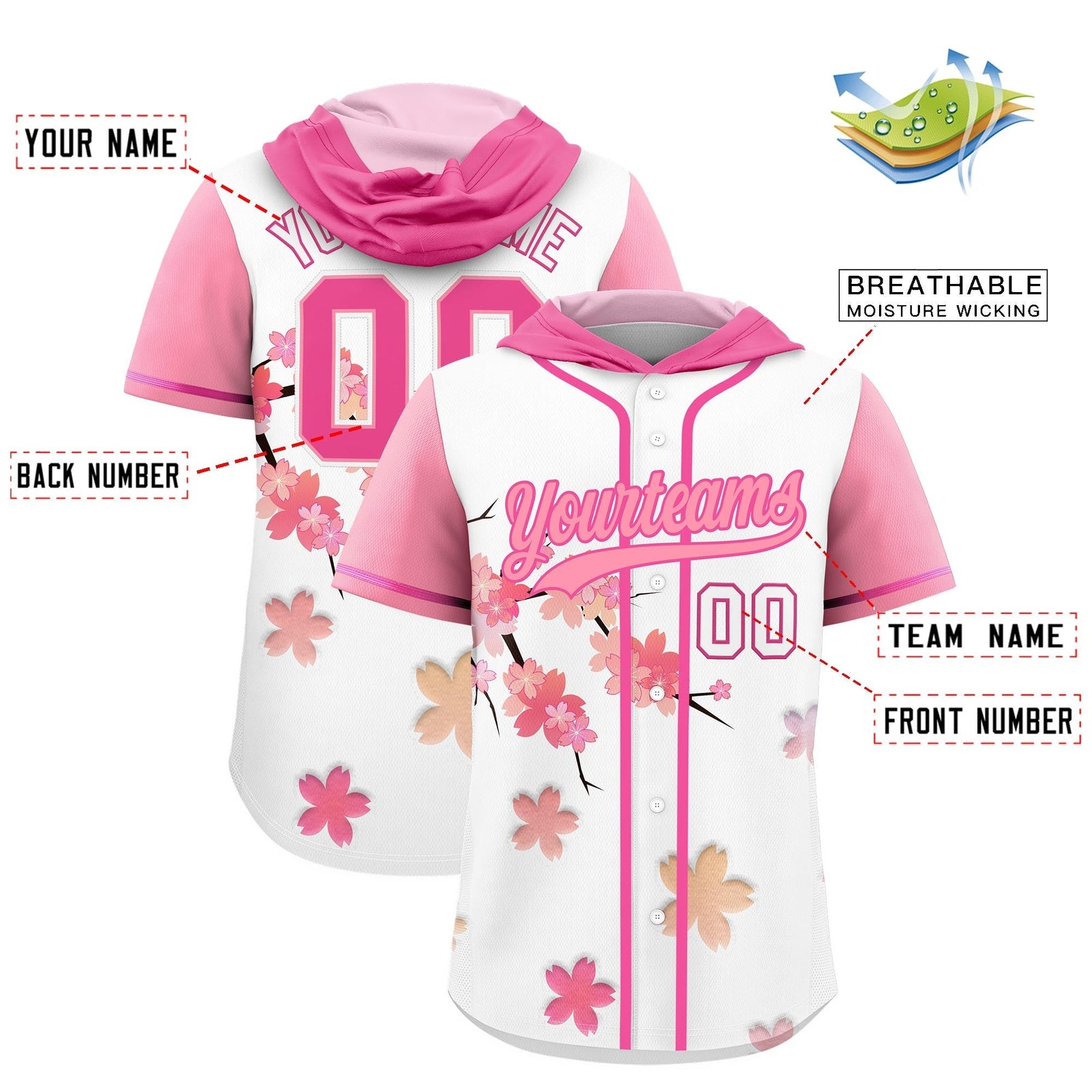 Custom Hooded Baseball Jersey | Pink Light Pink Cherry Blossom Breathable Athleisure Streetwear