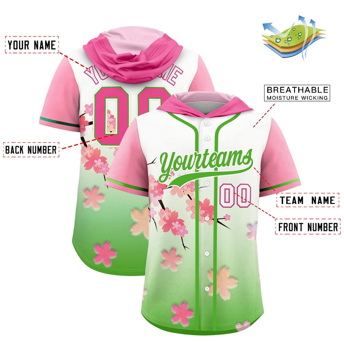 Custom Hooded Baseball Jersey | Pink Light Green Cherry Blossom Moisture-Wicking Jersey for Men &amp; Women