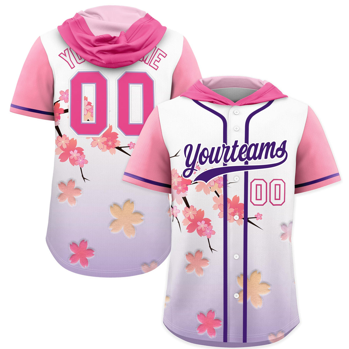 Custom Hooded Baseball Jersey | Pink Purple Cherry Blossom Moisture-Wicking Jersey for Men &amp; Women
