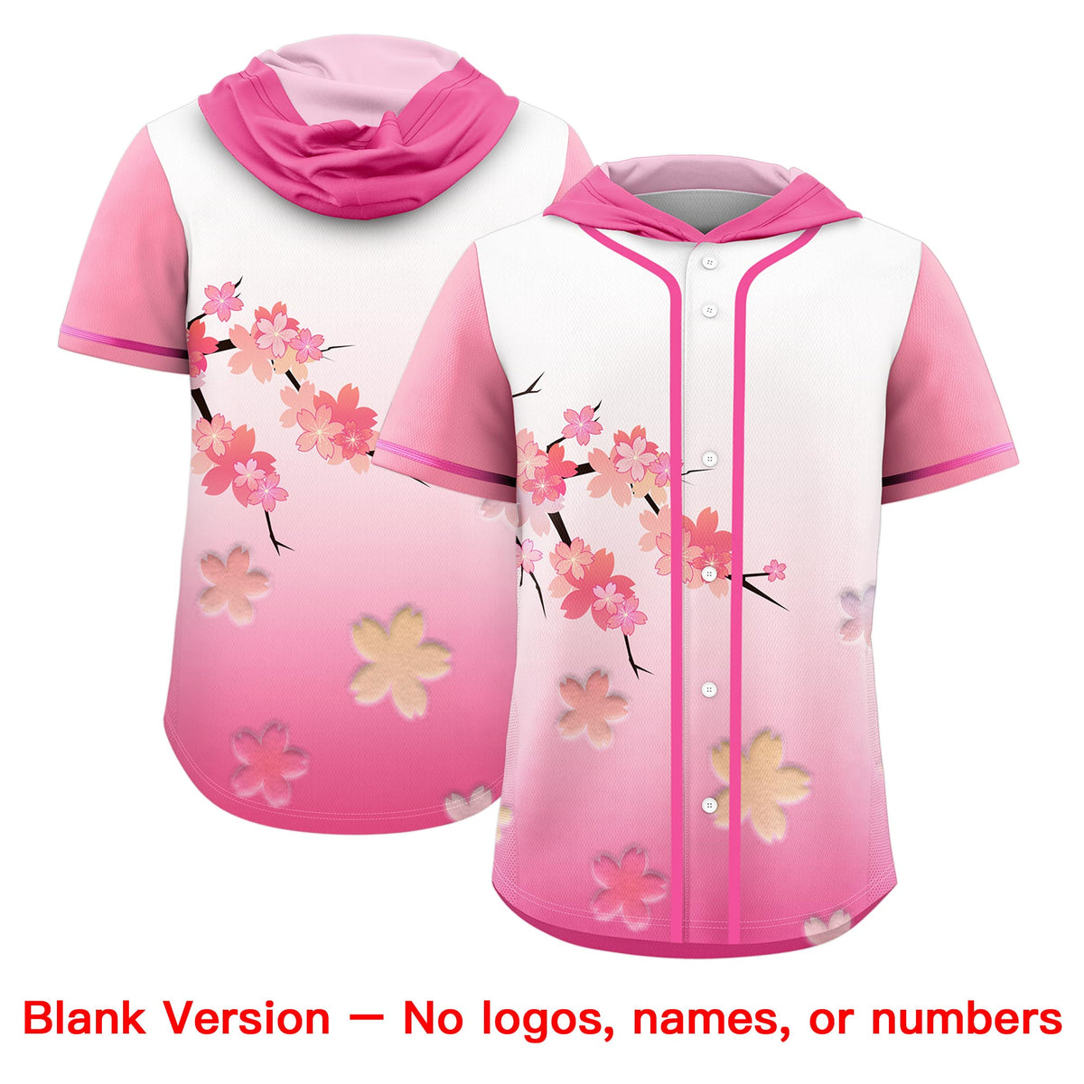 Custom Hooded Baseball Jersey | Pink White Cherry Blossom Personalized Name &amp; Number Sport Jersey