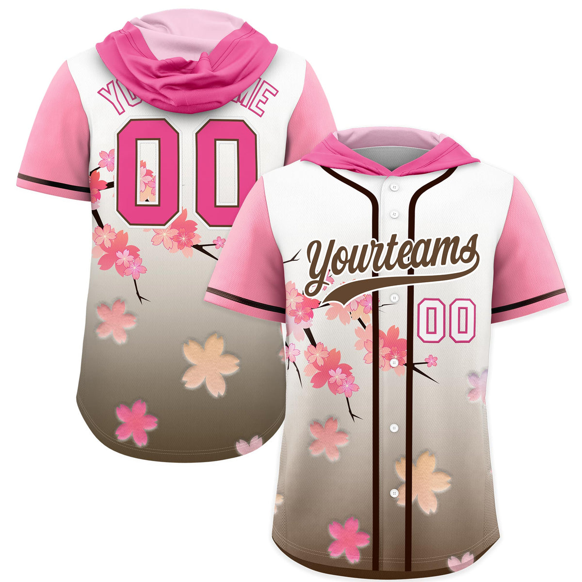 Custom Hooded Baseball Jersey | Pink Light Brown Cherry Blossom Breathable Athleisure Streetwear