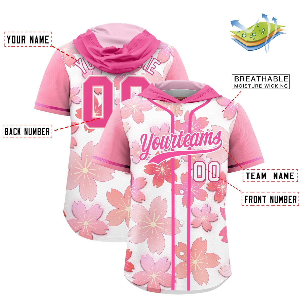 Custom Hooded Baseball Jersey | Pink White Cherry Blossom Moisture-Wicking Jersey for Men &amp; Women