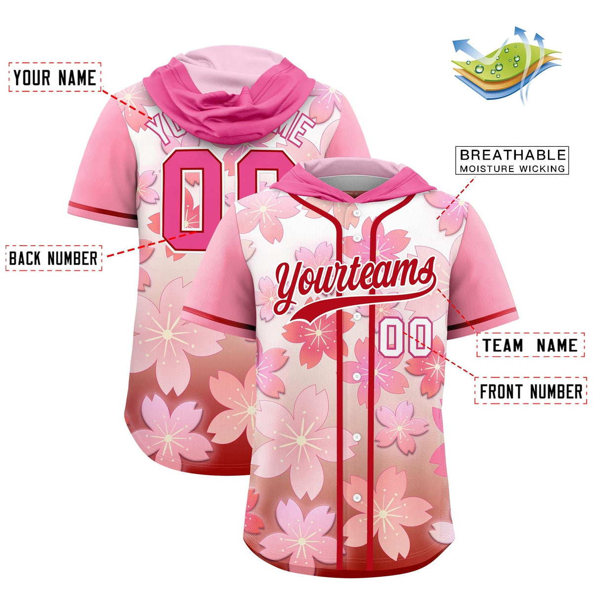 Custom Hooded Baseball Jersey | Pink Red Cherry Blossom Breathable Athleisure Streetwear