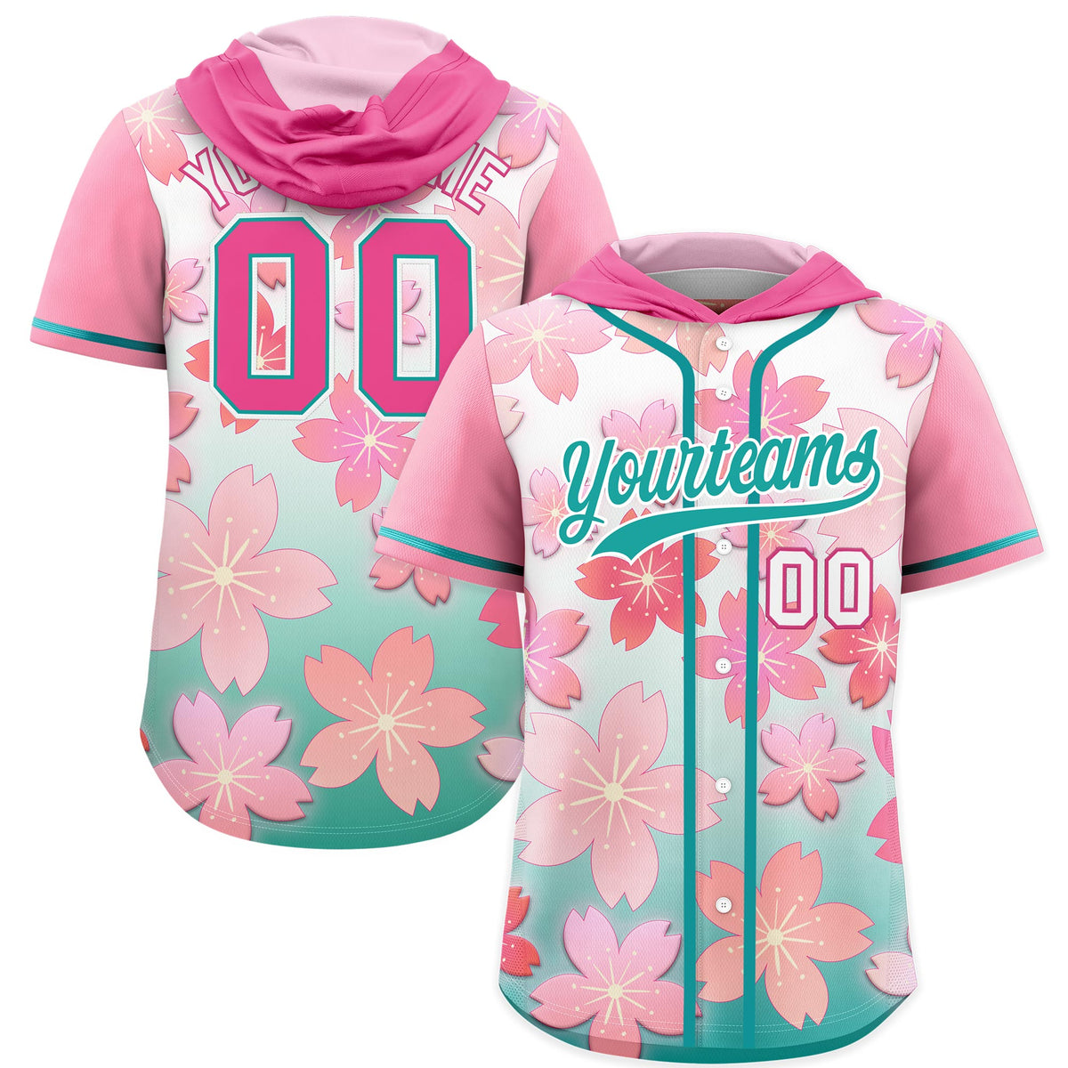 Custom Hooded Baseball Jersey | Pink Aqua Cherry Blossom Moisture-Wicking Jersey for Men &amp; Women