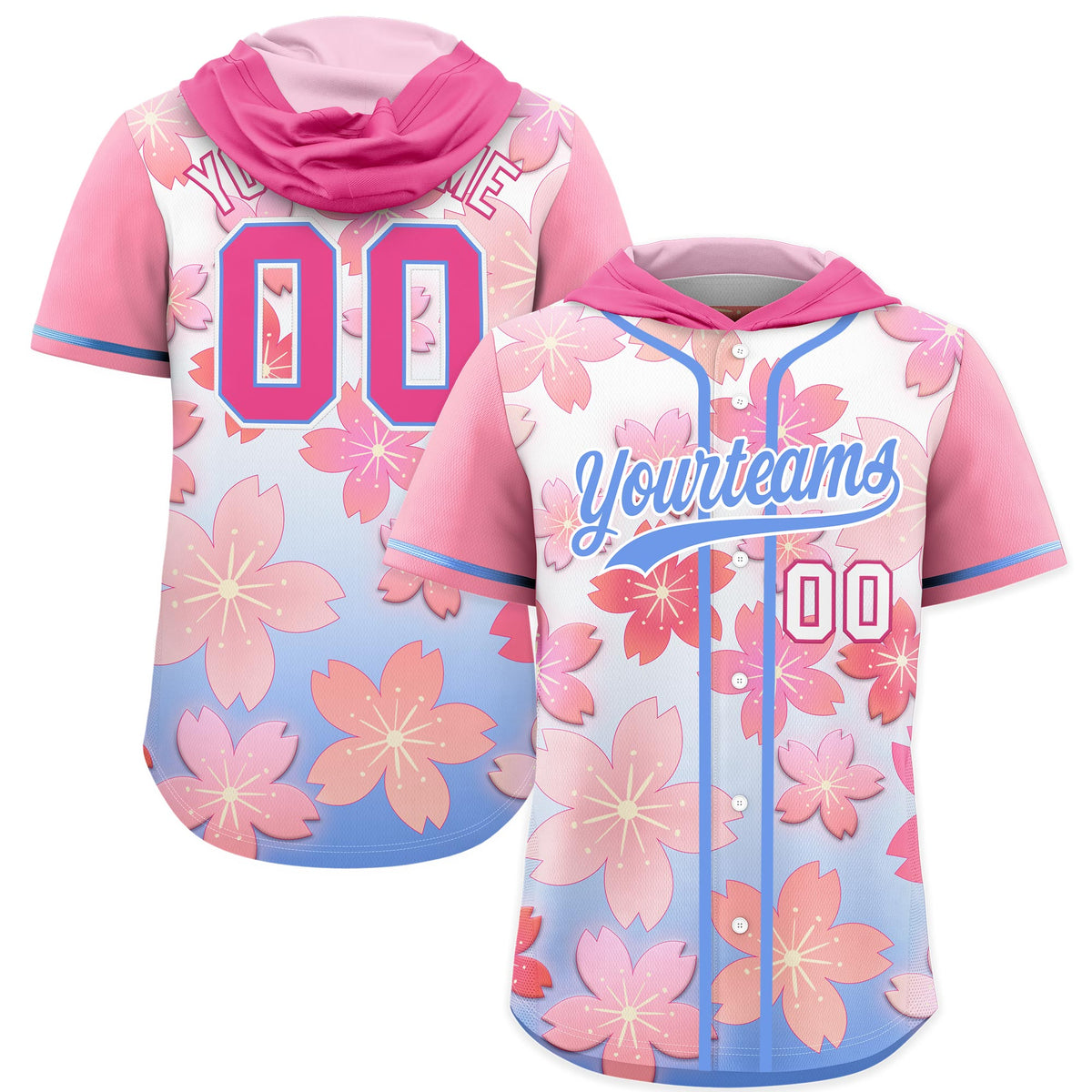 Custom Hooded Baseball Jersey | Pink Light Blue Cherry Blossom Personalized Name &amp; Number Sport Jersey