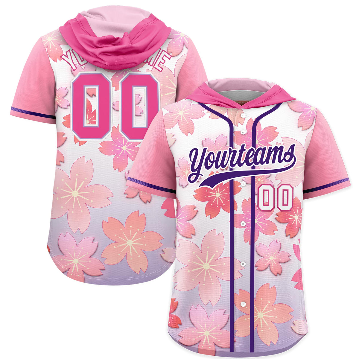Custom Hooded Baseball Jersey | Pink Purple Cherry Blossom Moisture-Wicking Jersey for Men &amp; Women