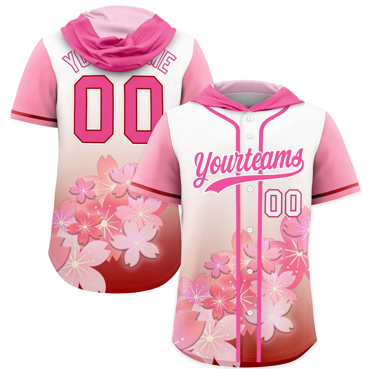 Custom Hooded Baseball Jersey | Pink Pink Cherry Blossom Breathable Athleisure Streetwear