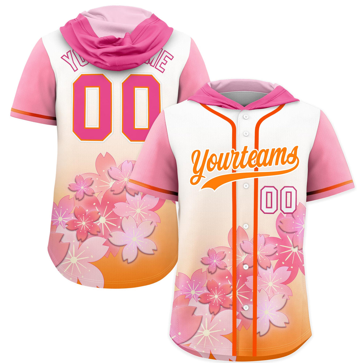 Custom Hooded Baseball Jersey | Pink Orange Cherry Blossom Moisture-Wicking Jersey for Men &amp; Women