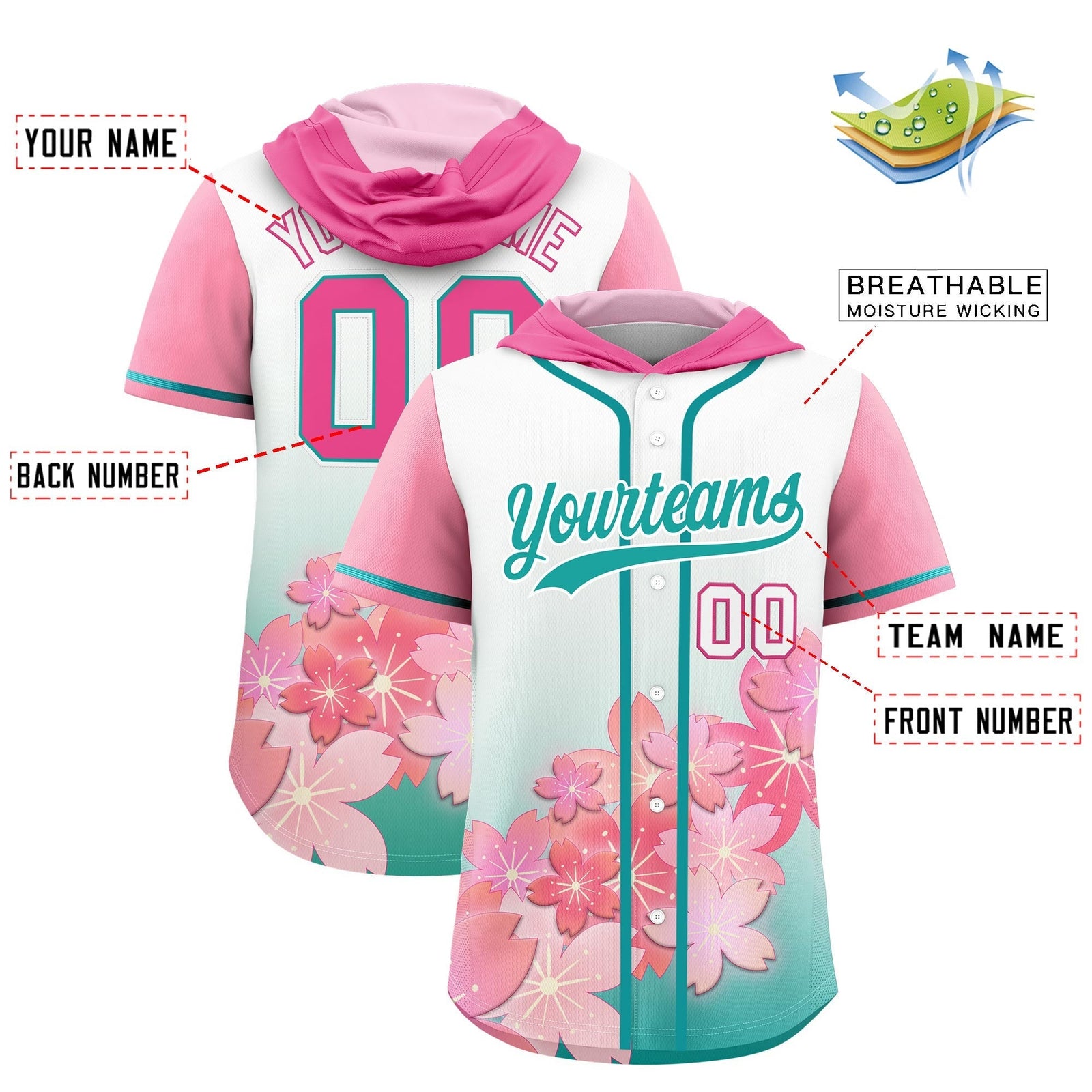 Custom Hooded Baseball Jersey | Pink Aqua Cherry Blossom Moisture-Wicking Jersey for Men & Women