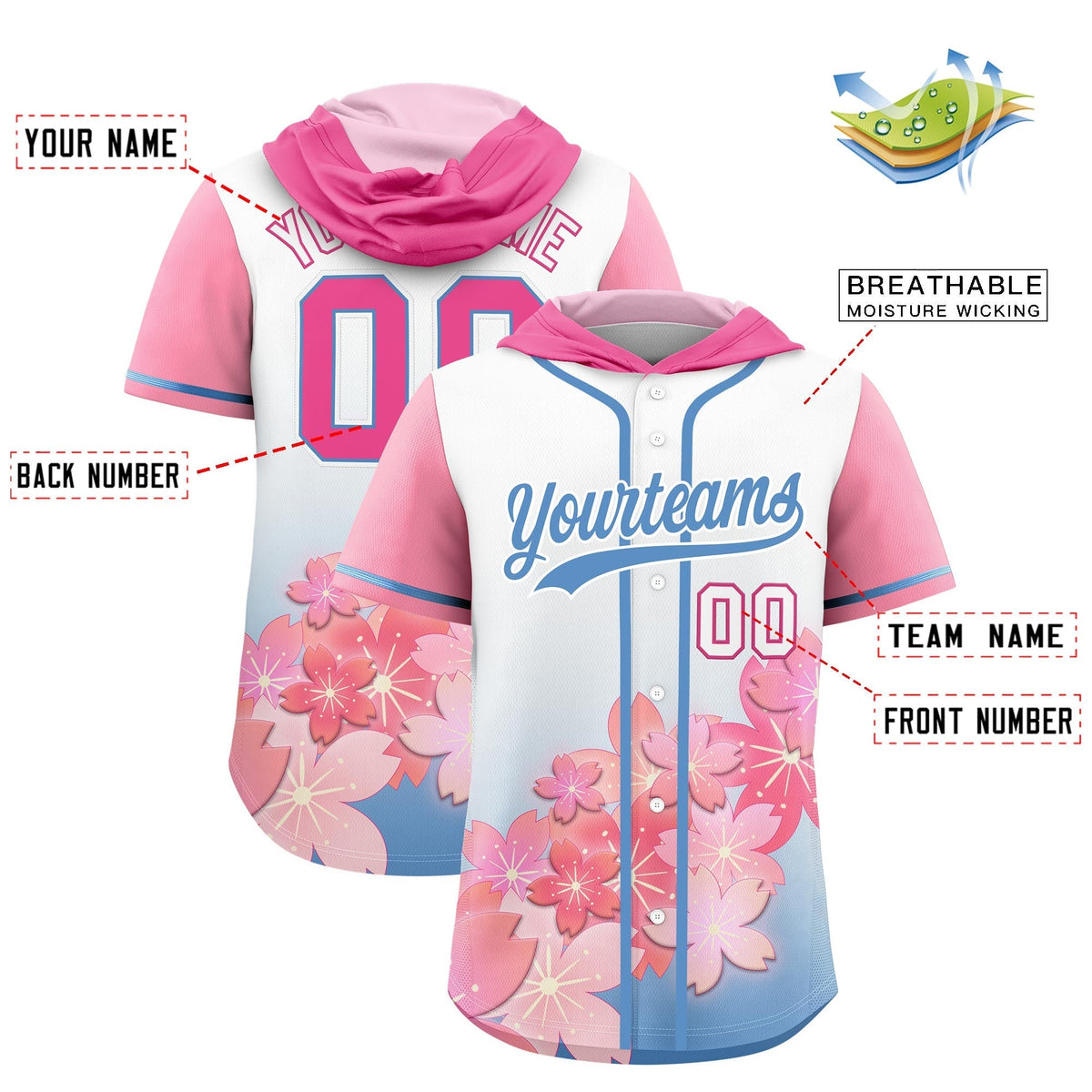 Custom Hooded Baseball Jersey | Pink Light Blue Cherry Blossom Personalized Name &amp; Number Sport Jersey