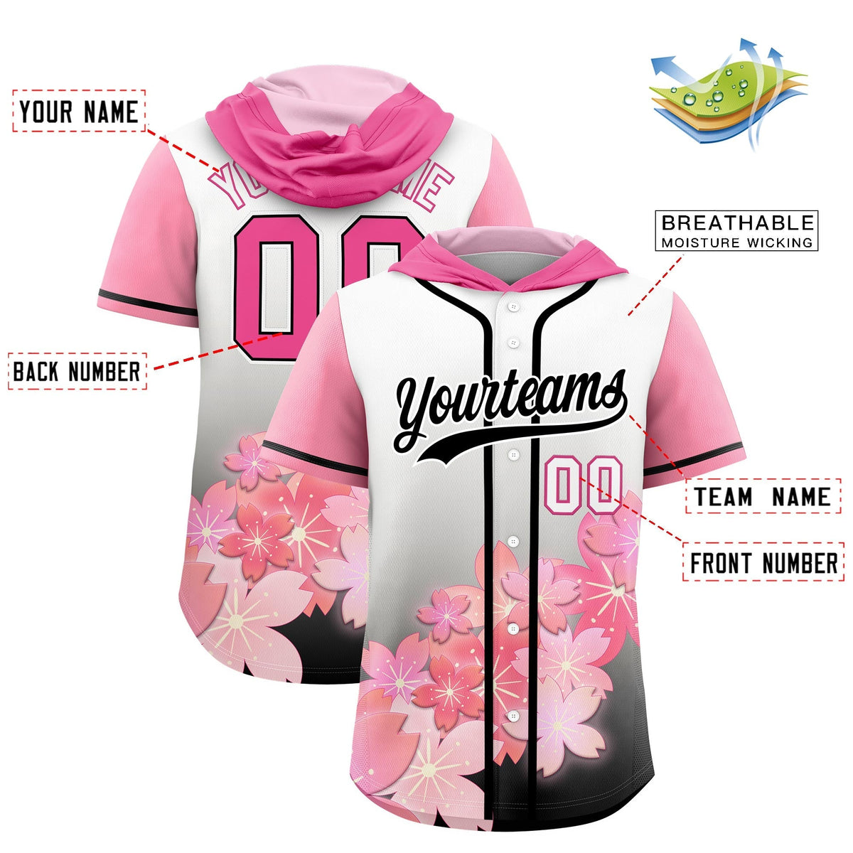 Custom Hooded Baseball Jersey | Pink Black Cherry Blossom Moisture-Wicking Jersey for Men &amp; Women