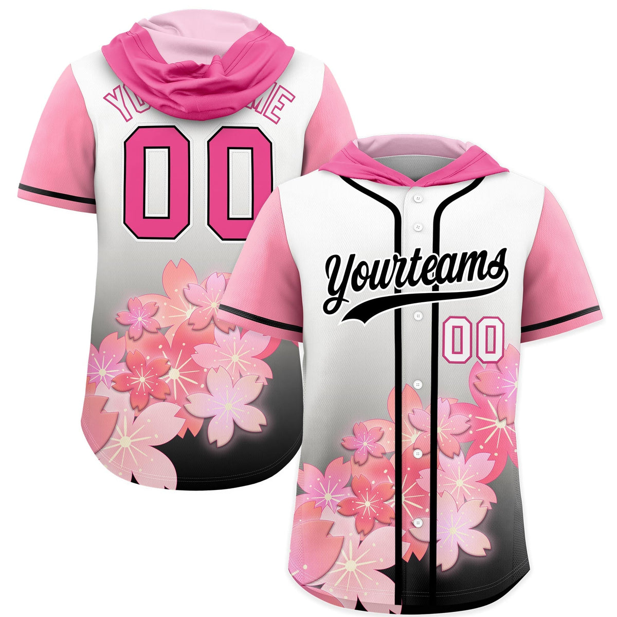 Custom Hooded Baseball Jersey | Pink Black Cherry Blossom Moisture-Wicking Jersey for Men &amp; Women