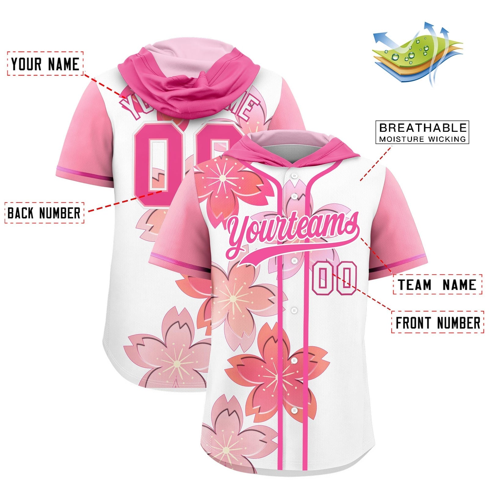 Custom Hooded Baseball Jersey | Pink White Cherry Blossom Personalized Name & Number Sport Jersey