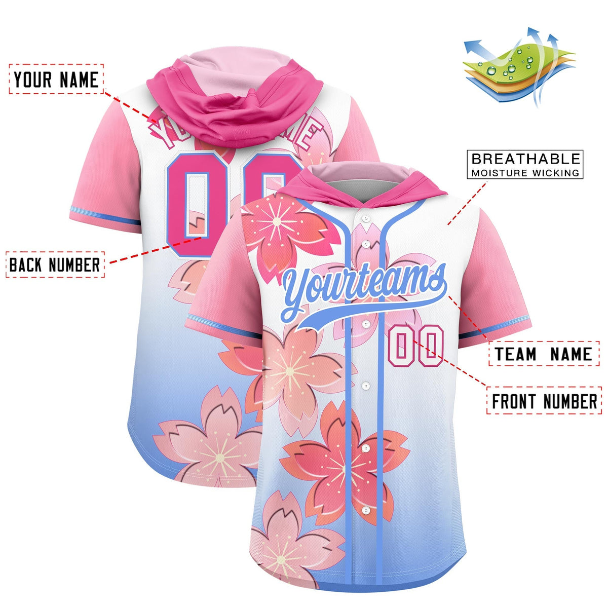 Custom Hooded Baseball Jersey | Pink Light Blue Cherry Blossom Personalized Name &amp; Number Sport Jersey