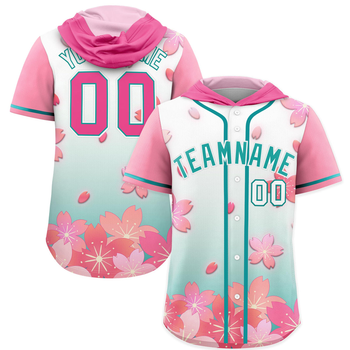 Custom Hooded Baseball Jersey | Pink Aqua Cherry Blossom Personalized Name &amp; Number Sport Jersey