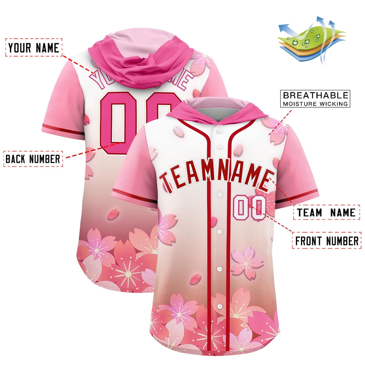 Custom Hooded Baseball Jersey | Pink Red Cherry Blossom Moisture-Wicking Jersey for Men &amp; Women