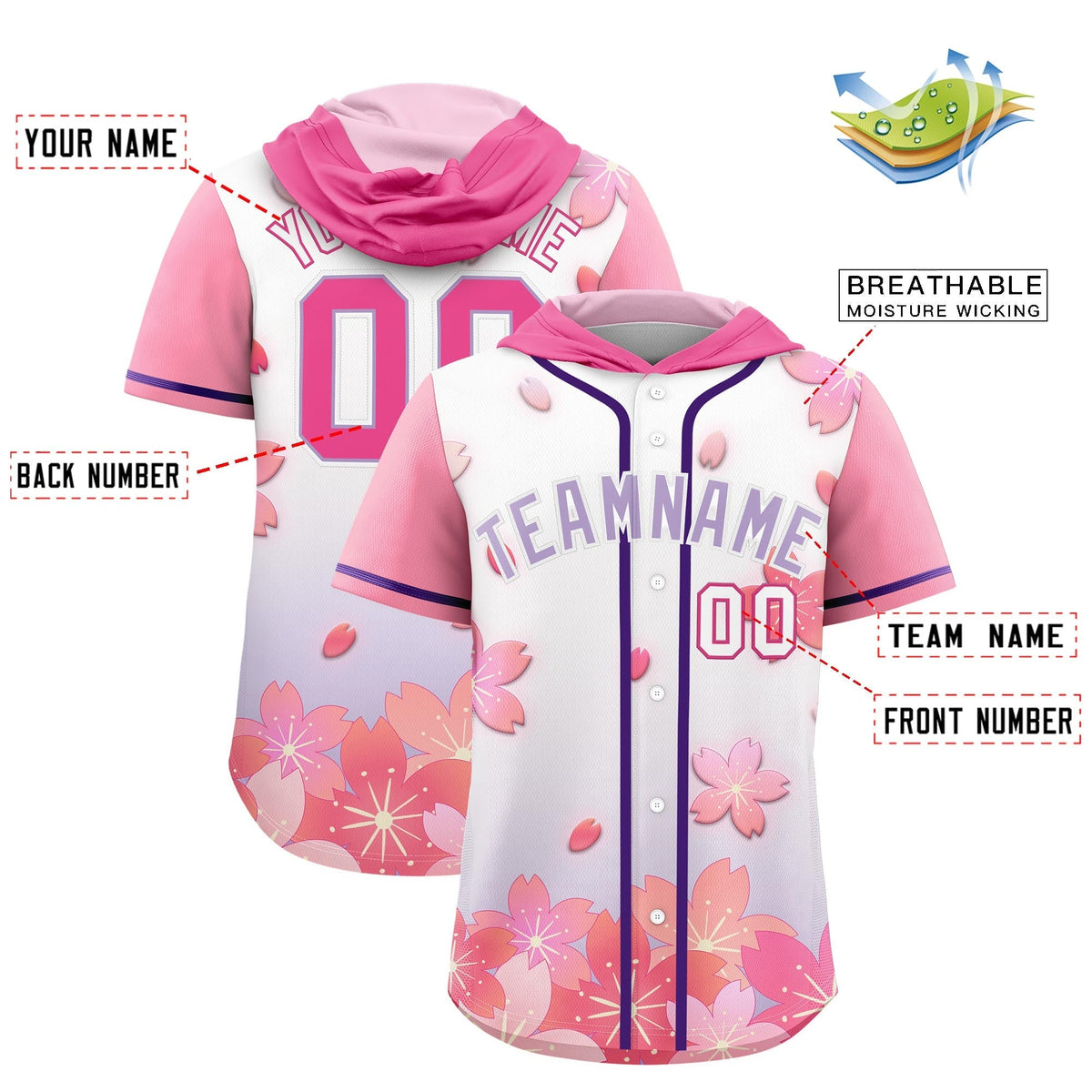 Custom Hooded Baseball Jersey | Pink Light Purple Cherry Blossom Personalized Name &amp; Number Sport Jersey