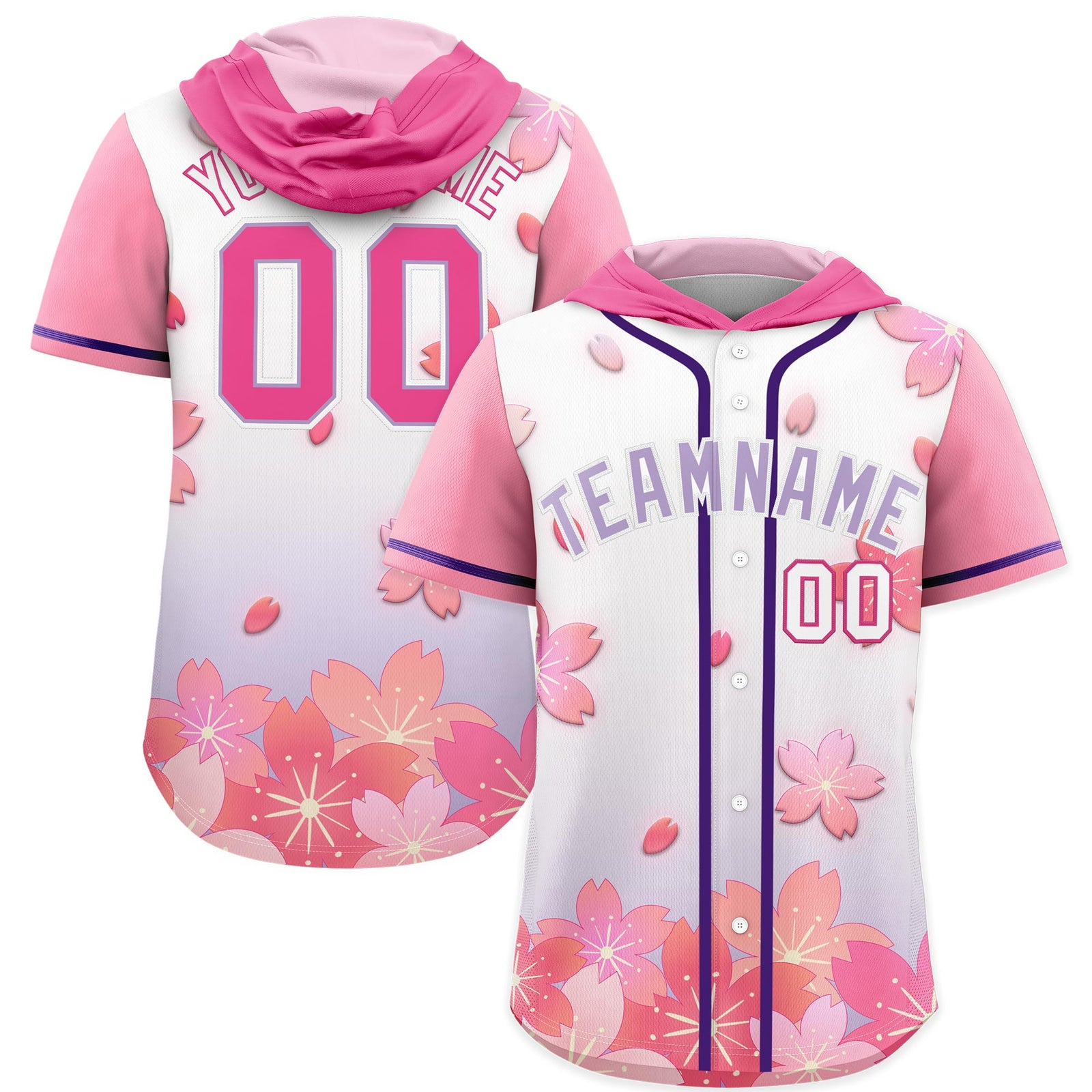 Custom Hooded Baseball Jersey | Pink Light Purple Cherry Blossom Personalized Name & Number Sport Jersey