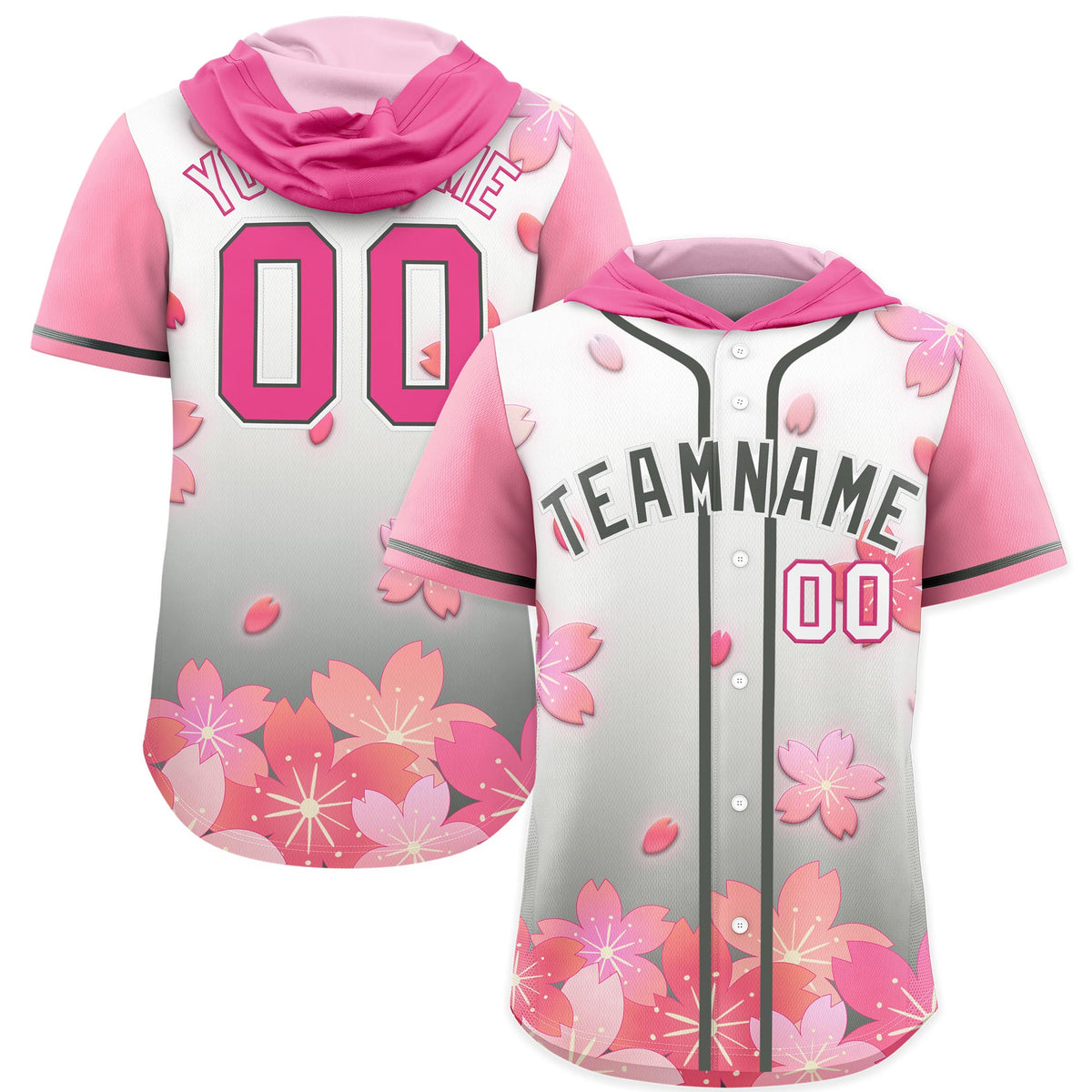 Custom Hooded Baseball Jersey | Pink Gray Cherry Blossom Moisture-Wicking Jersey for Men &amp; Women