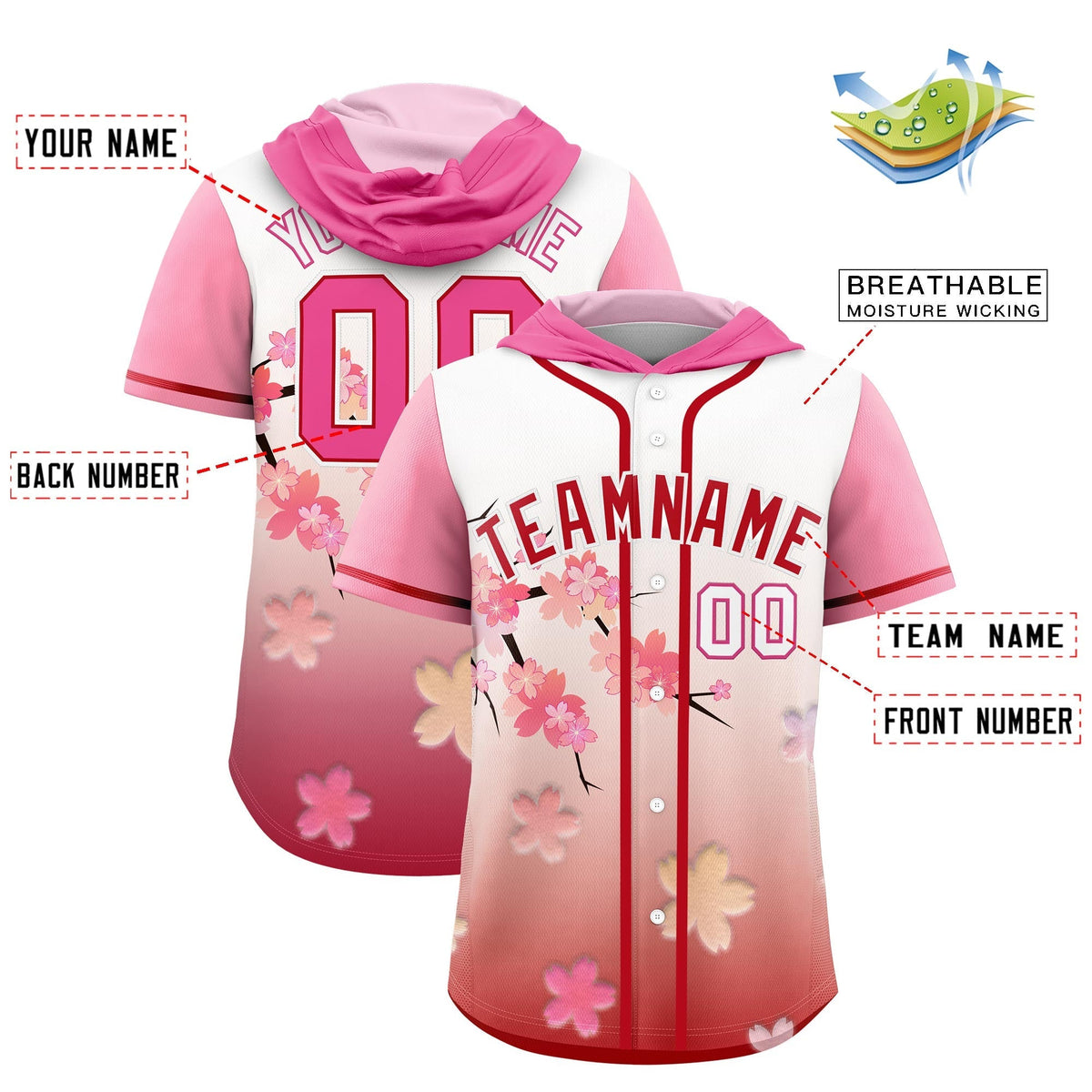 Custom Hooded Baseball Jersey | Pink Red Cherry Blossom Moisture-Wicking Jersey for Men &amp; Women