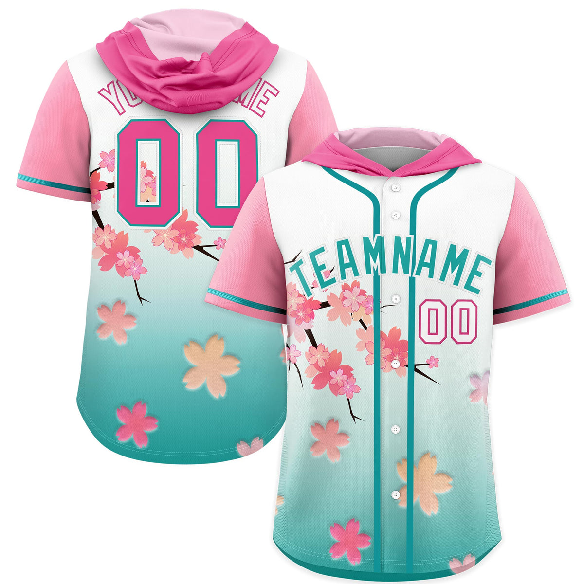 Custom Hooded Baseball Jersey | Pink Aqua Cherry Blossom Personalized Name &amp; Number Sport Jersey
