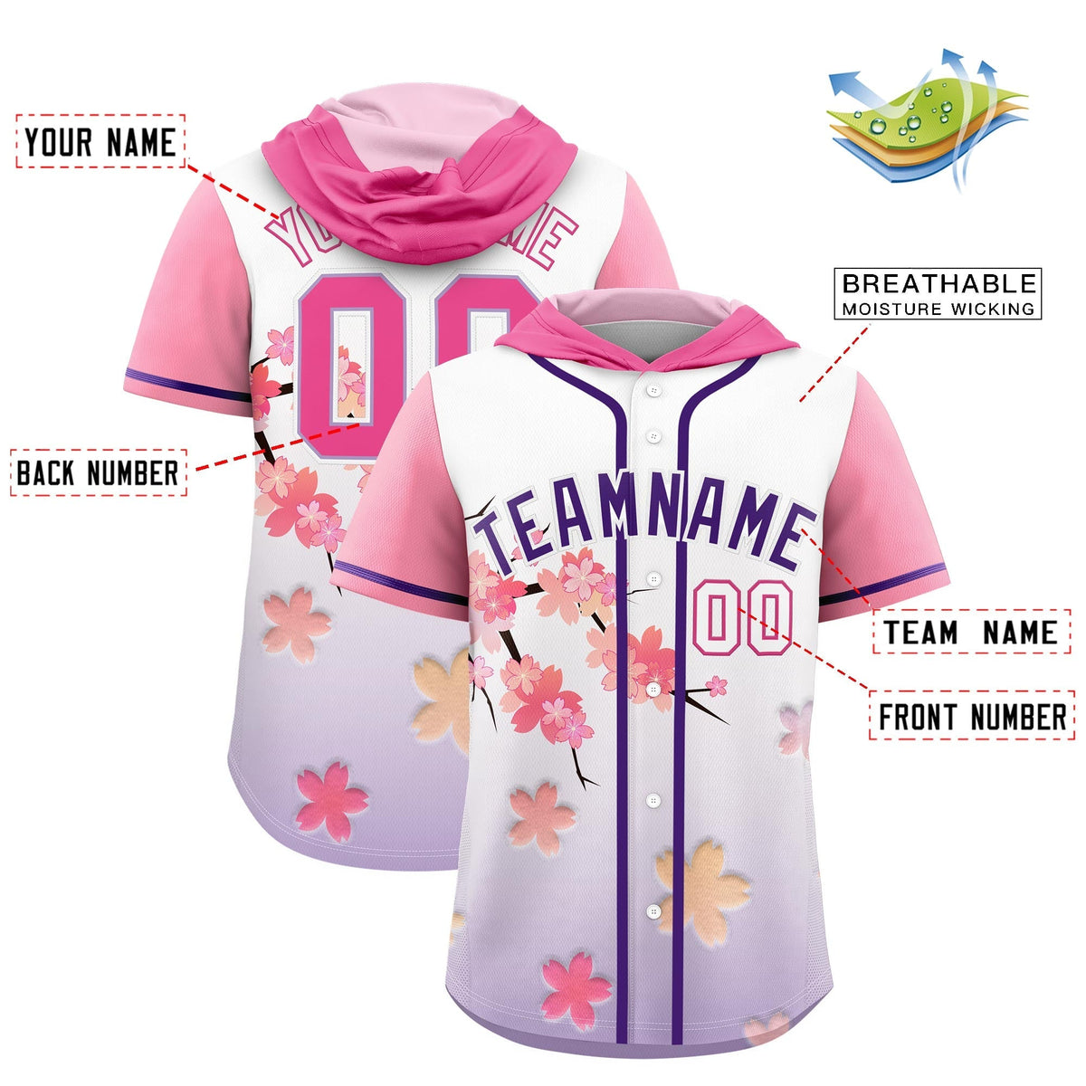 Custom Hooded Baseball Jersey | Pink Purple Cherry Blossom Moisture-Wicking Jersey for Men &amp; Women