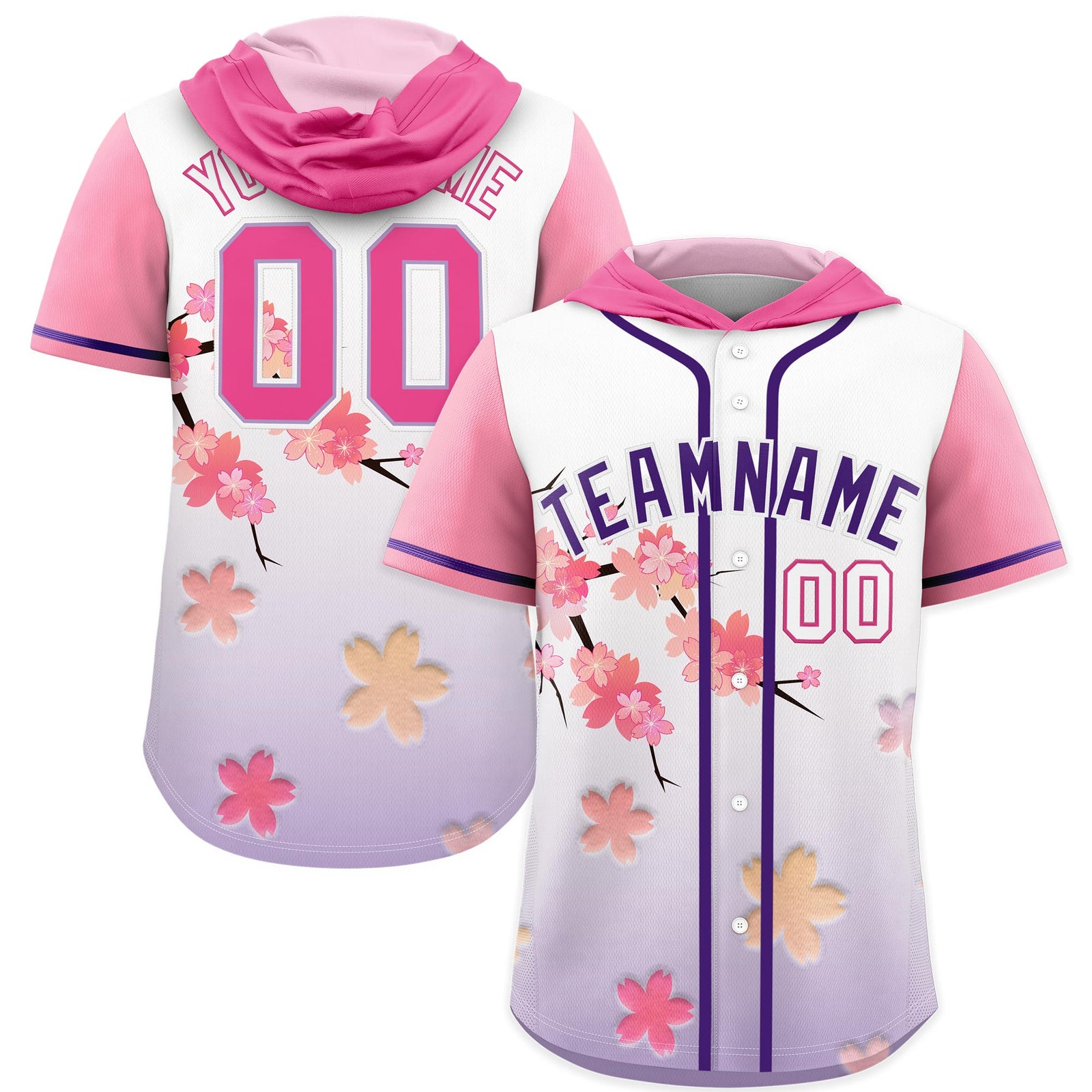 Custom Hooded Baseball Jersey | Pink Purple Cherry Blossom Moisture-Wicking Jersey for Men & Women