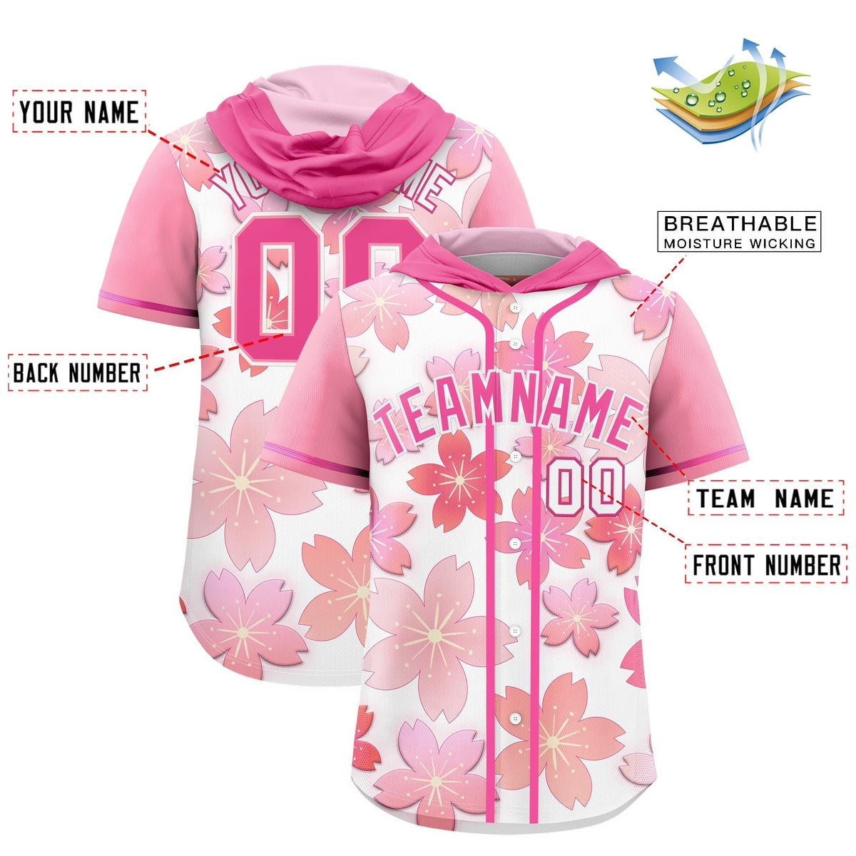 Custom Hooded Baseball Jersey | Pink White Cherry Blossom Moisture-Wicking Jersey for Men &amp; Women