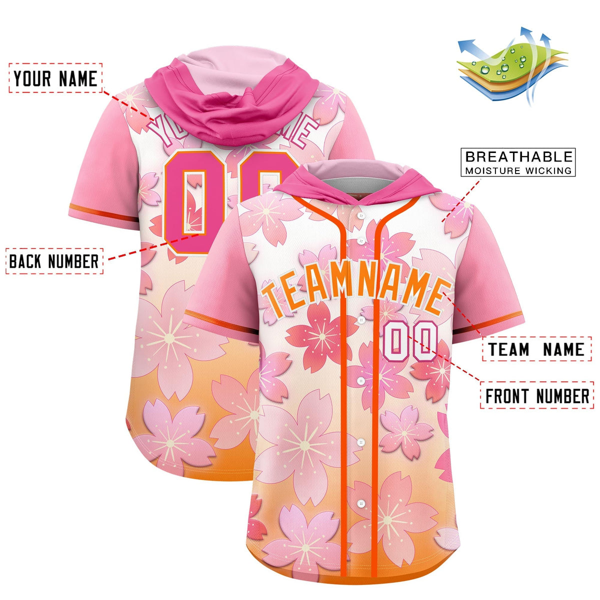 Custom Hooded Baseball Jersey | Pink Orange Cherry Blossom Moisture-Wicking Jersey for Men &amp; Women
