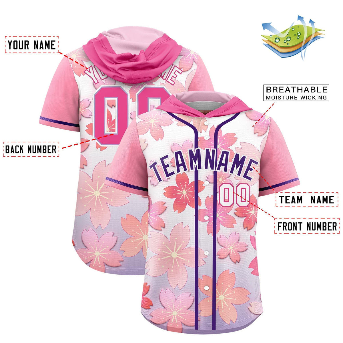Custom Hooded Baseball Jersey | Pink Purple Cherry Blossom Moisture-Wicking Jersey for Men &amp; Women