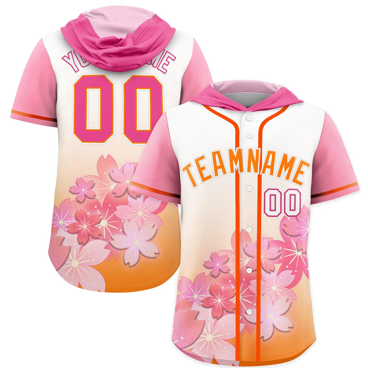 Custom Hooded Baseball Jersey | Pink Orange Cherry Blossom Moisture-Wicking Jersey for Men &amp; Women