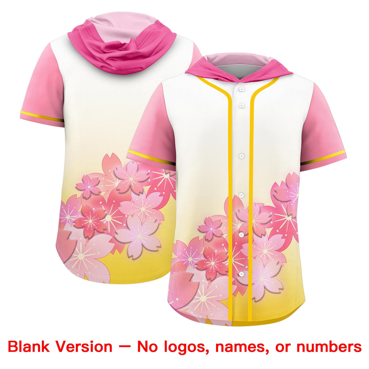 Custom Hooded Baseball Jersey | Gold White Cherry Blossom Personalized Name & Number Sport Jersey