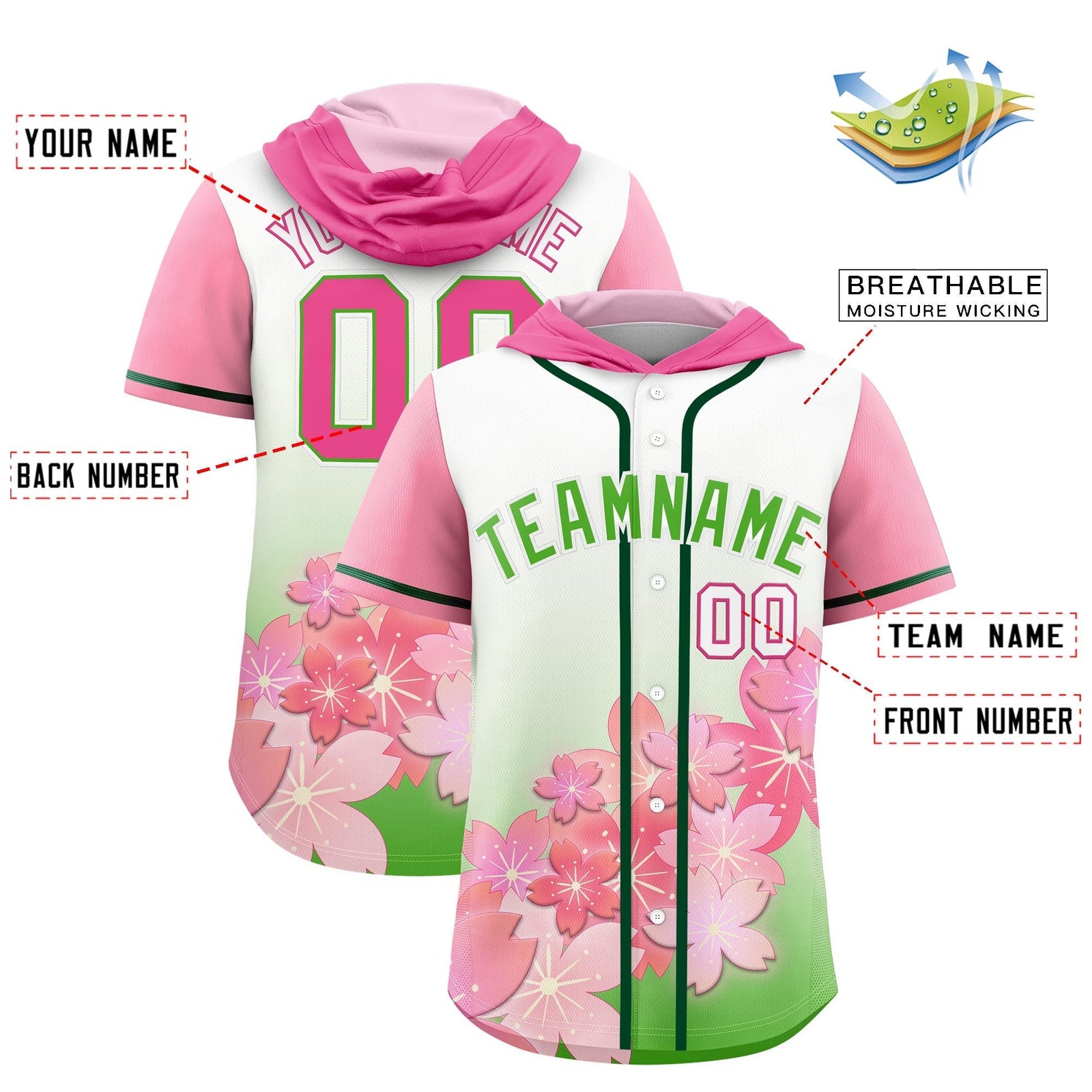 Custom Hooded Baseball Jersey | Pink Light Green Cherry Blossom Breathable Athleisure Streetwear