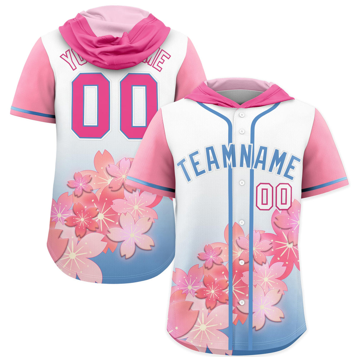 Custom Hooded Baseball Jersey | Pink Light Blue Cherry Blossom Personalized Name &amp; Number Sport Jersey