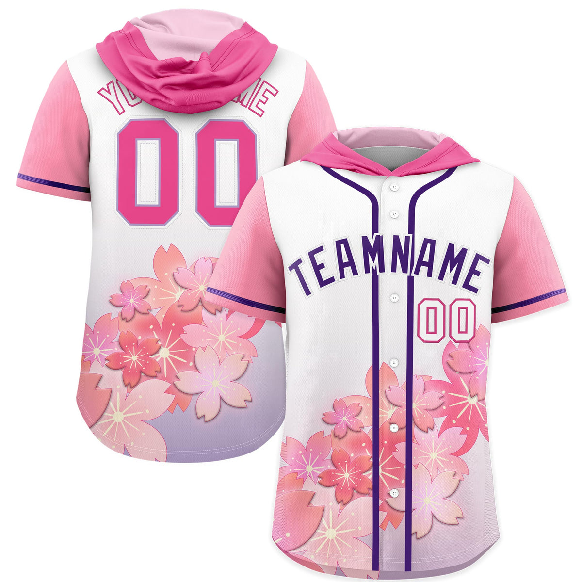 Custom Hooded Baseball Jersey | Pink Purple Cherry Blossom Breathable Athleisure Streetwear