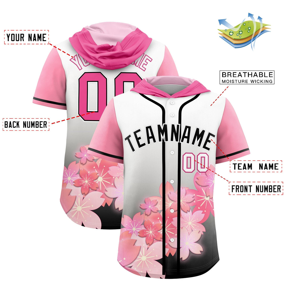 Custom Hooded Baseball Jersey | Pink Black Cherry Blossom Moisture-Wicking Jersey for Men &amp; Women
