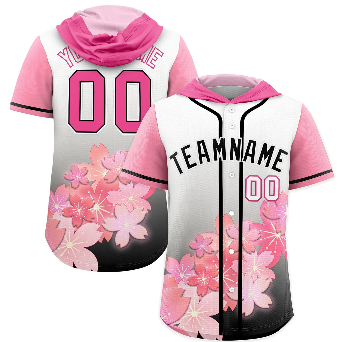 Custom Hooded Baseball Jersey | Pink Black Cherry Blossom Moisture-Wicking Jersey for Men &amp; Women