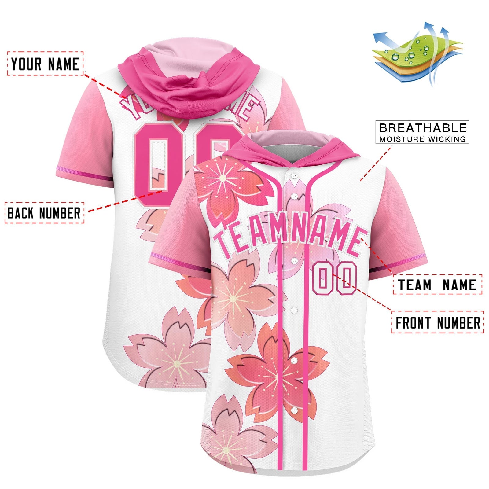 Custom Hooded Baseball Jersey | Pink White Cherry Blossom Personalized Name & Number Sport Jersey