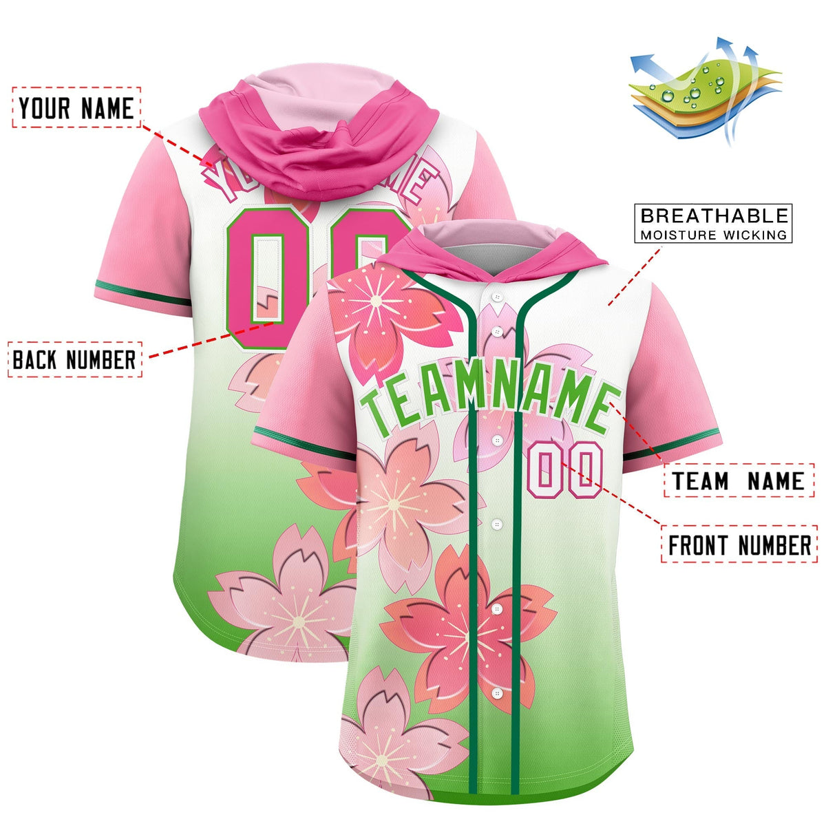 Custom Hooded Baseball Jersey | Pink Light Green Cherry Blossom Breathable Athleisure Streetwear