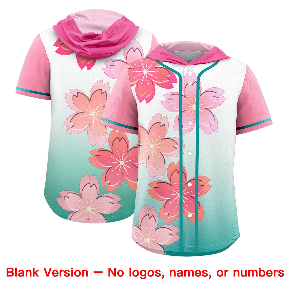 Custom Hooded Baseball Jersey | Pink Teal Cherry Blossom Moisture-Wicking Jersey for Men &amp; Women