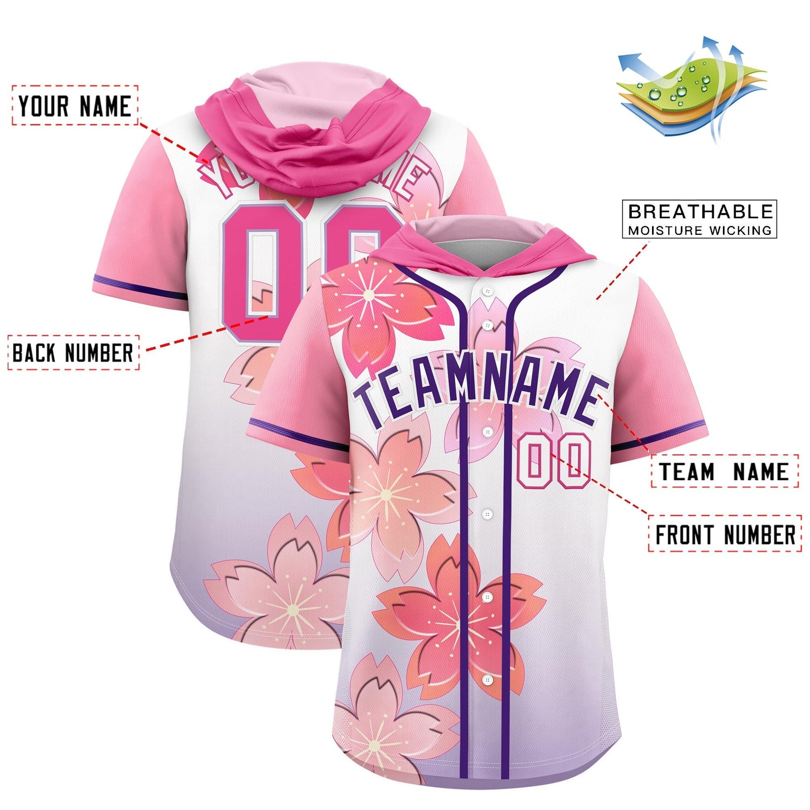 Custom Hooded Baseball Jersey | Pink Purple Cherry Blossom Breathable Athleisure Streetwear