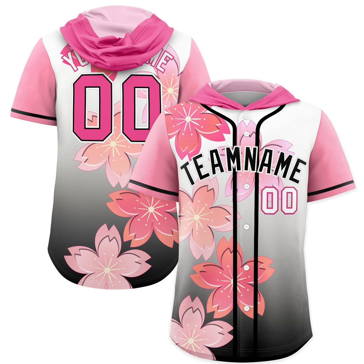 Custom Hooded Baseball Jersey | Pink Black Cherry Blossom Moisture-Wicking Jersey for Men &amp; Women