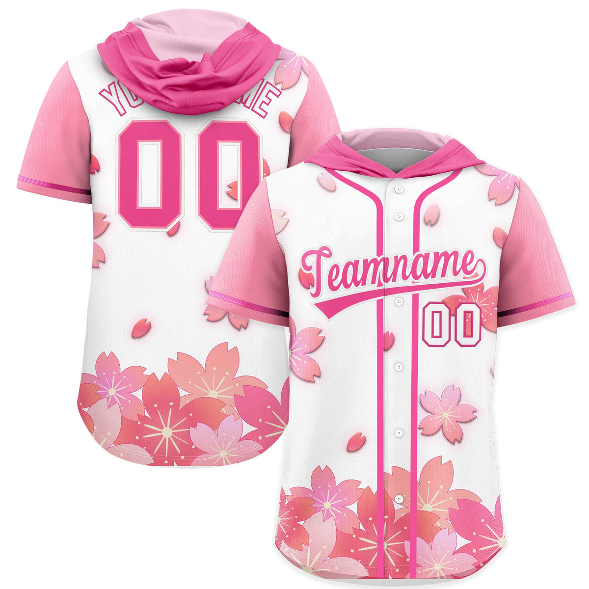 Custom Hooded Baseball Jersey | White Pink Cherry Blossom Personalized Name &amp; Number Sport Jersey
