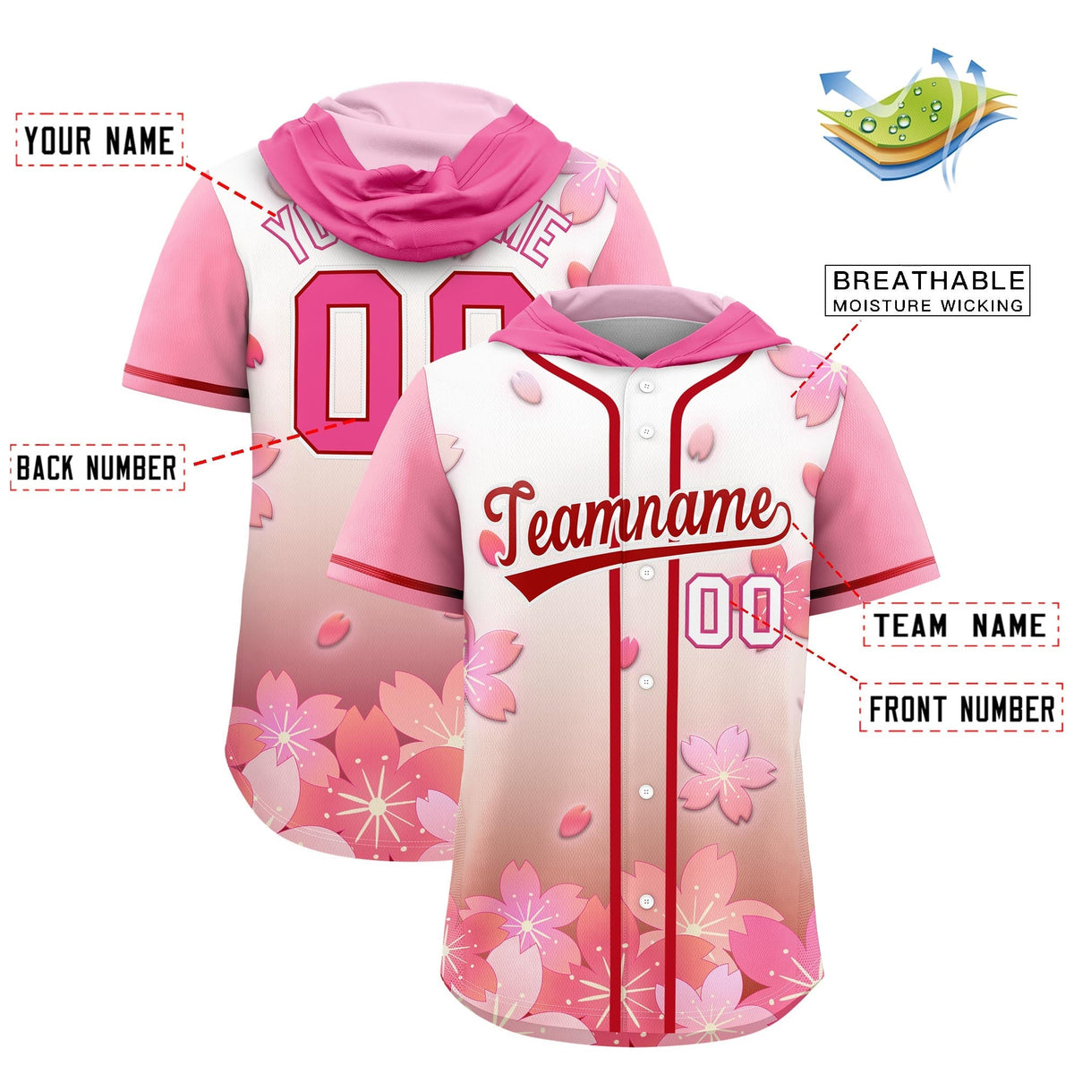 Custom Hooded Baseball Jersey | Pink Red Cherry Blossom Moisture-Wicking Jersey for Men &amp; Women
