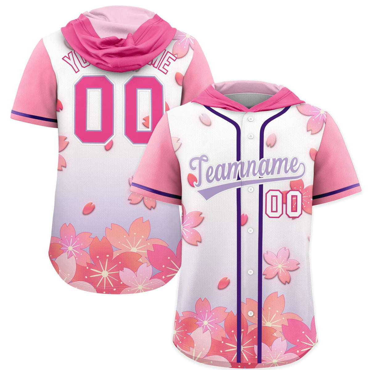 Custom Hooded Baseball Jersey | Pink Light Purple Cherry Blossom Personalized Name &amp; Number Sport Jersey