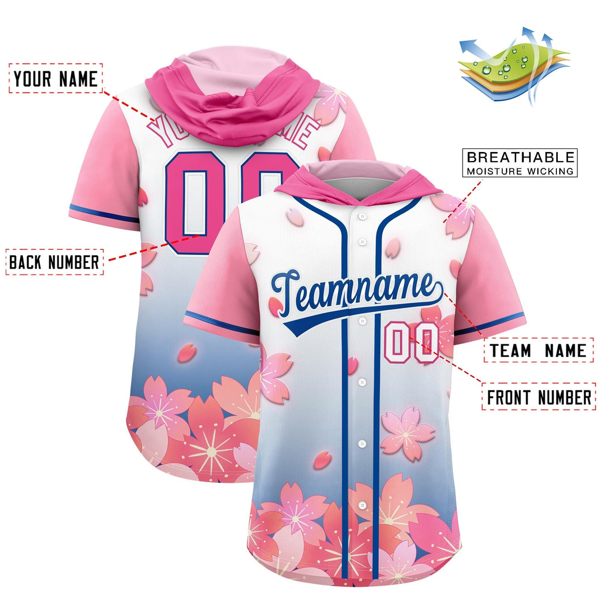 Custom Hooded Baseball Jersey | Pink Midnight Blue Cherry Blossom Breathable Athleisure Streetwear