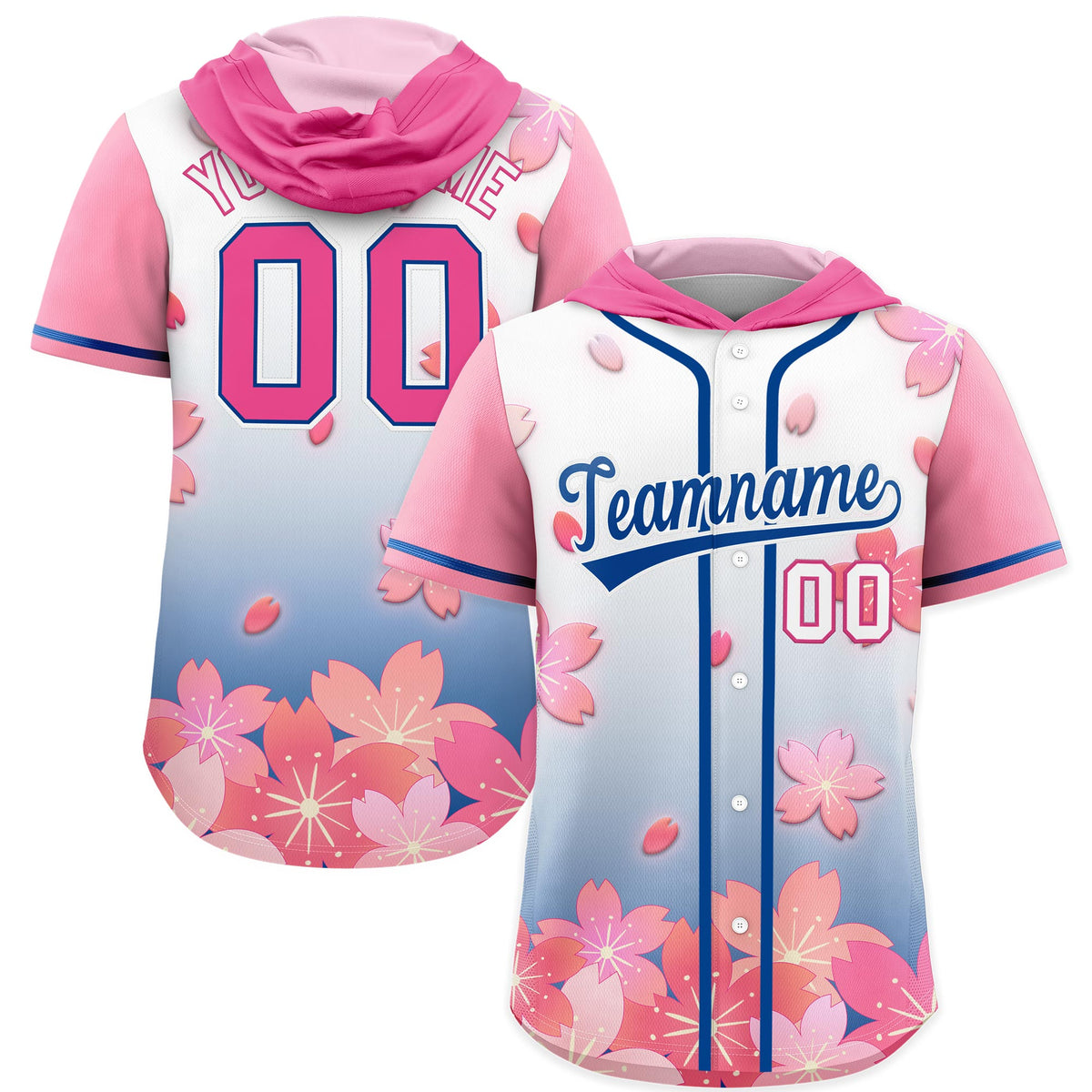 Custom Hooded Baseball Jersey | Pink Midnight Blue Cherry Blossom Breathable Athleisure Streetwear